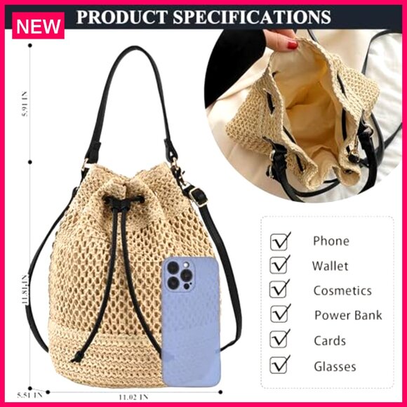 Straw Bucket Bag Woven Crossbody Hobo Drawstring Purse Beach Handbag - Picture 5 of 8